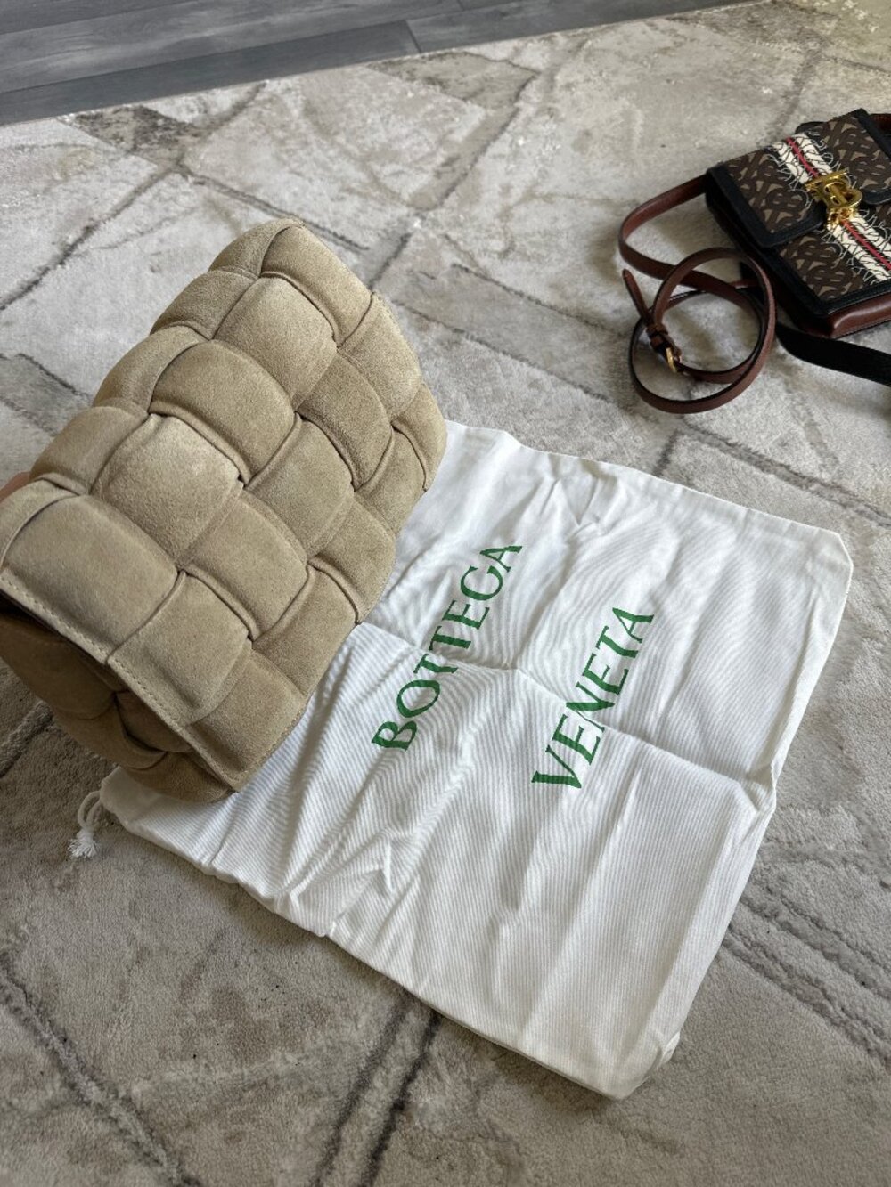Bottega Veneta Padded Cassette — Taupe Suede — Maxi Intrecciato
